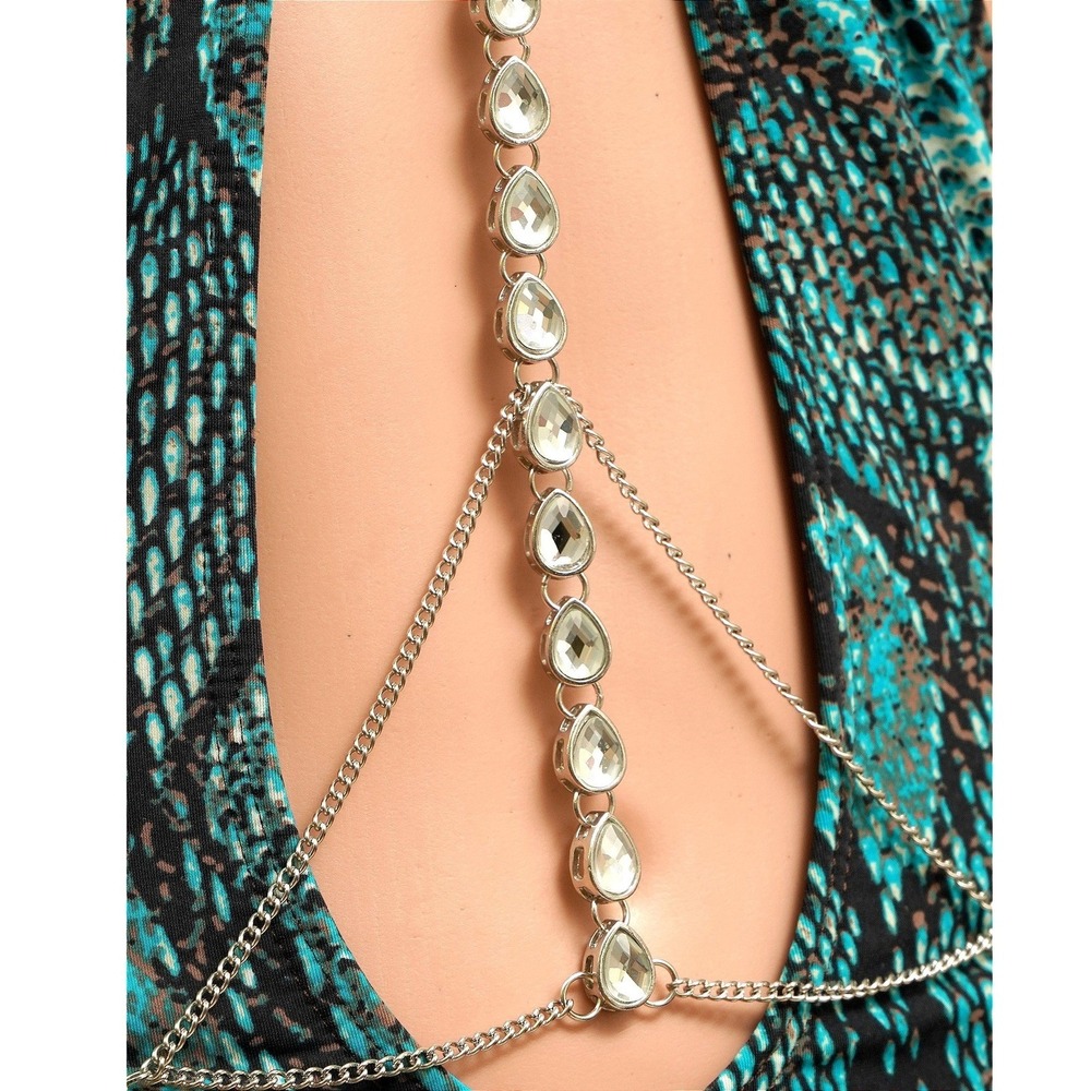 Silver Teardrop Crystal Body Chain Adjustable Waist Belly‎ Jewelry Festival Glam